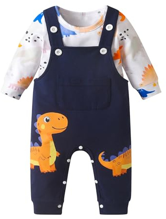 Kumsolu Toddler Baby Boy Clothes Dinosaur Long Sleeve Romper Dungarees Pants 2Pcs Set