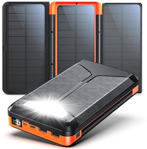 Batterie Externe Solaire 63200mAh Power Bank avec 3 solarpanel: PD22.5 W Charge Rapide USB-C Chargeur Portable Charge sans Fil avec Lampe SOS | Affichage Numérique, pour Outdoor Camping