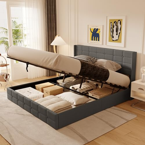 Blishom Polsterbett 180x200 mit Stauraum, Hydraulisches Bett mit Kopfteil und Stauraum, Bettgestell mit Lattenrost, Jugendbett, Doppelbett, Ohne Matratze, Dunkelgrau