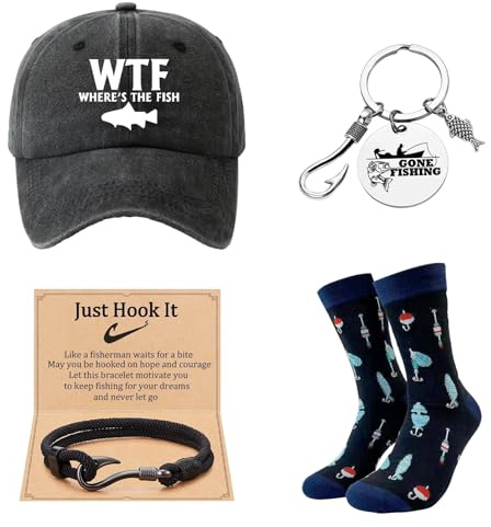 Fishing Socks - Fishing Theme 4-Piece Gift Set, Novelty Socks, Fish Keychain, Adjustable Baseball Cap witn WTF WHERE'S THE FISH, Wrap Rope Bracelet, Gifts for Lovers, Fisherman Angling Gift for Dad
