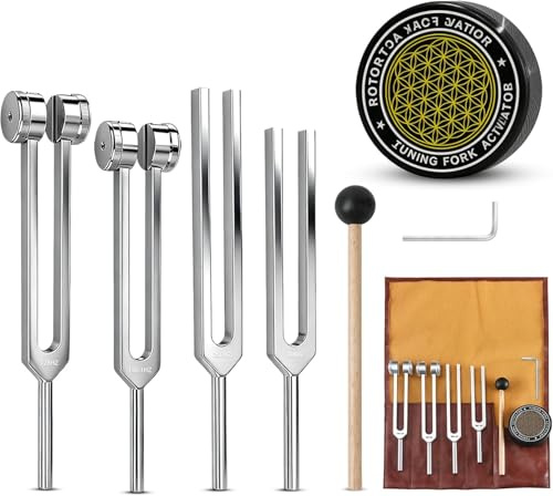 Tuning Forks for Healing Set (128Hz, 136Hz, 256Hz, 384Hz) with Activator & Wooden Mallet, Chakra Healing, Sound Therapy, Reiki, Yoga, Energy Balancing Tools