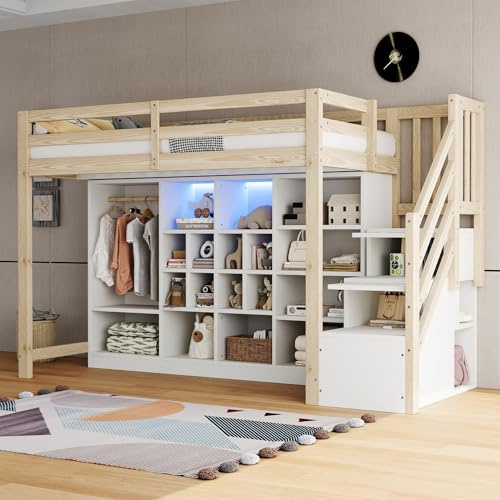 Stauraumbett Hochbett 90 x 200 cm mit Treppenschrank, Stauraumschränken mit Mehreren Fächern und Einem Einfachen Kleiderschrank, Rausfallschutz Kinderbett Einzelbett aus Holz (Weiß+Natur, 90cm*200cm)