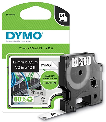 DYMO D1 Labels, 12 mm x 3.5 m Roll, Black Print on White, Self-Adhesive Labels for LabelManager Label Printers, Authentic