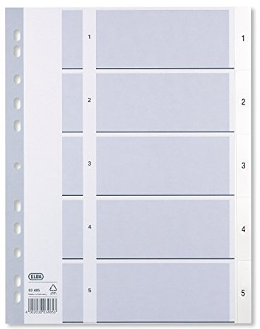 ELBA 400013946 Kunststoff-Register Strong-Line 1-5 5-teilig für DIN A4 Plastikregister mit beschriftbarem Deckblatt weiß Ringbuch Ordner Ring-Mappe