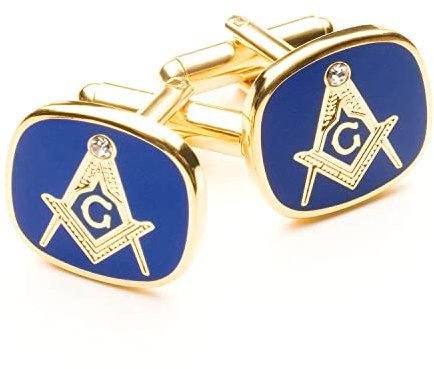 THE MASONIC COLLECTION Manschettenknöpfe mit Winkel und Kompass und G – umwerfender weißer Kristallstein – blau und vergoldet – Freimaurergeschenke für Männer
