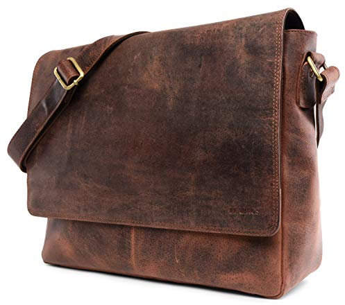 LEABAGS Leder Umhängetasche Herren I Arbeitstasche Herren I Laptoptasche Leder Herren bis 15 Zoll I Aktentasche Herren I Ledertasche Herren I Vintage Rotbraun
