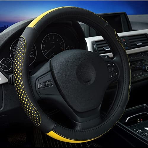 Universal Passend Auto Lenkradhülle Lenkradbezug aus PU Leder 38CM / 15'' Lenkradabdeckung Lenkradschoner Lochperforation Rutschfest Abdeckung Lenkradschutz für Damen - Schwarz & Gelb