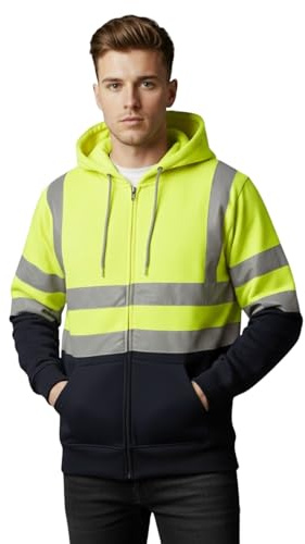 Janisramone® Heren High Vis Kapuzenpullover, Reflektierende Jacke, Lange äRmel Zip Hoodie Herren Mit Taschen, Fleece Arbeitsjacke Herren Baustellen