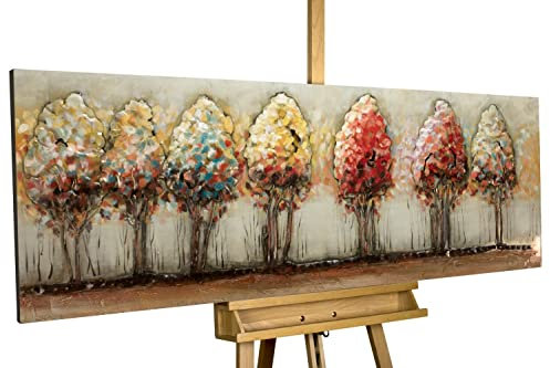 KunstLoft Metallbild 3D | 100% HANDGEFERTIGT | 150x50x3cm | Wandbild Metall Deko 'Bunte Allee' | Bäume | Beige Rot | Metall Wanddeko Wohnzimmer