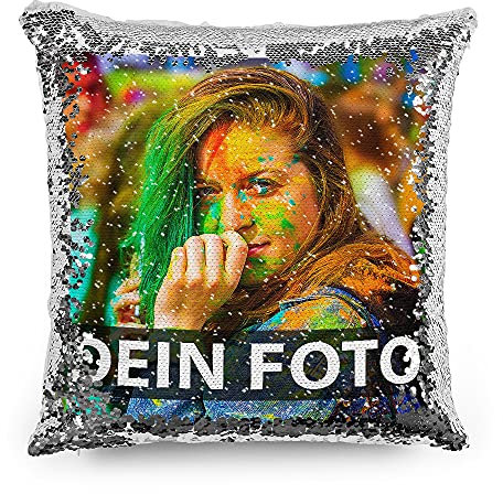 Tassendruck Foto-Kissen mit bedruckten silbernen Wendepailletten Selbst gestalten (40 x 40 cm) - mit Foto individuell Bedruckt/Personalisierte Geschenk-Idee/Deko-Kissen inkl. Füllung