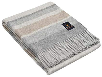 Alpaka-Merinowolldecke, Überwurf Bettdecke Schlafdecke warm und weich, mehrfarbig, gestreiftes Design, Peru (weiches Grau/Silber/weiches Kamel)