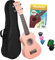 CASCHA Sopran Ukulele Set für Kinder und Erwachsene I Starter Kit mit 3 Plektren Tasche Lehrbuch Lernvideos über QR-Code Stimmgerät I Aquila Saiten Nylon I Kleine Hawaii Gitarre I Pink