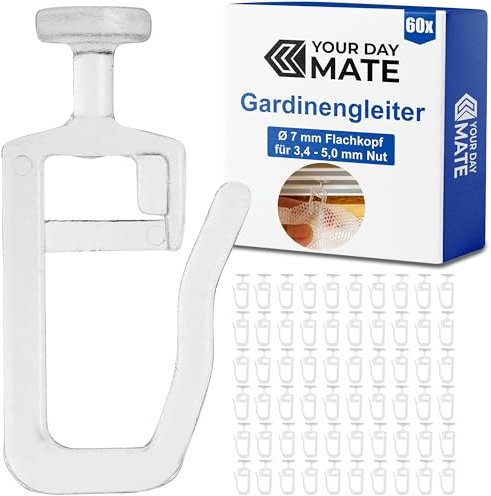 Gardinengleiter für Innenlaufschienen, 60 Stück, mit Ø 7 mm Flachkopf, in Klar, Faltengleiter für Vorhangschiene, Gardinenschiene, Vorhang Rollgleiter Kräuselband Haken, Gardine Gleiter Schiene System