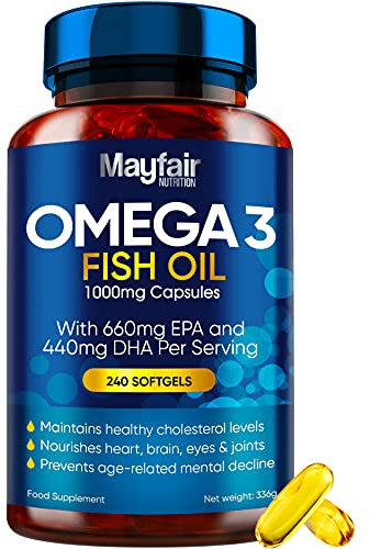 Omega 3 1000mg Capsules - 240 Fish Oil Tablets with 660mg EPA & 440mg DHA per Daily Serving - Supports Heart, Vision, & Brain Health - 4 Months Supply - Made in UK…