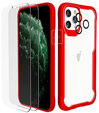 ORETECH Compatible with iPhone 11 Pro Max Case, [2 x 9H Tempered Glass Screen Protector & 1 x Camera Lens Protector] Transparent Ultra Thin Soft TPU Hard PC Hybrid Full Body Case - Red