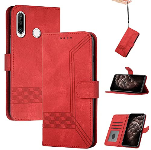 Genlision Handyhülle Kompatibel Mit Huawei P20 LITE,Premium PU Leder Schutzhülle Abdeckung,TPU-Innenschale,Magnetverschluss,Standfunktion, Kartenschlitz-rot