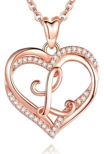 INFUSEU Schmuck Damen Buchstaben L, Halskette Initial Herz Letter Schmuck Rosegold Cubic Zirconia CZ Anhänger Halsketten für Damen Weibliche Geschenke Romantisch, 20 Zoll Kette