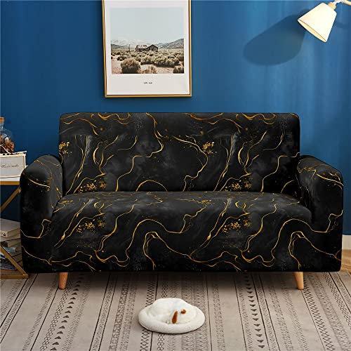 Highdi Sofabezug Sofaüberwürfe für 1/2/3/4 Sitzer, Blühen Armlehnen Sofa Cover Elastisch Spandex Stretch Antirutsch Sofa Cover Sofahusse Couchbezug Möbelschutz (Schwarzes Gold,4 Sitzer)