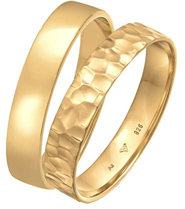 Kuzzoi Herrenringe Ring Set Silber, 2 Stück Bandringe 925 Sterling Silber vergoldet, Silberringe für Männer Basic und Hammerschlag Look, Goldenes Ring Set Herren, Ringgröße 64, 0606510722_64