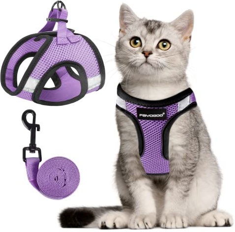 FAYOGOO Katzengeschirr mit Leine Ausbruchsicher einfach anzulegen Set Verstellbar Brustgeschirr für Katzen und Kitten Soft Harness mit Klettverschluss Katzenleine Schleppleine