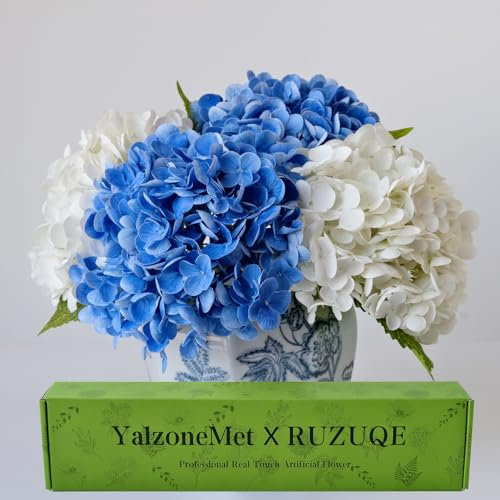 YalzoneMet Künstliche Hortensienblume, naturgetreu, 53,3 cm langer Latex-Stiel, Hortensiensträuße für Zuhause, Party, Outdoor, Hochzeit, Tischdekoration, Mittelstück, 4 Stück (2 weiß + 2 dunkelblau)