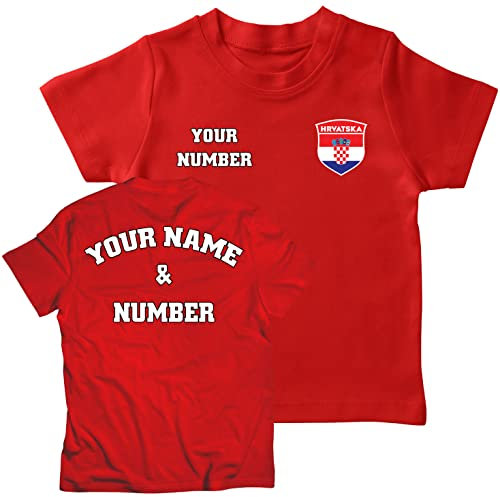 lepni.me Kinder Kroatien Fußball T-Shirt mit Ihrer Namen und Nummer | Kroatische Flagge Abzeichen Personalisierte Trikot Weltmeisterschaft 2022 (9-11 Jahre Rot Mehrfarben)