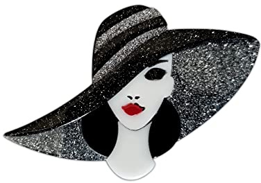 Eillwin Lovely Big Hot Lady Hat Women Brooch Pin Accessory Art Deco Retro | Vintage Beautiful Black and White Fashion Apparel Badge Featuring Elegant Lady Silhouette Design for Her