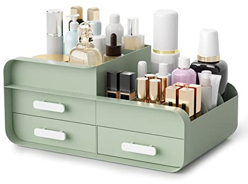 Makeup Organiser Cosmetic Storage Box, Make up Organizer Dressing Table Plastic Cosmetics Holder with Drawer - Large Countertop Vanity Cosmetic Stand Containers for Beauty Skincare Jewellery, Green