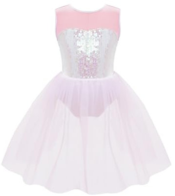 CHICTRY Abito da Pattinaggio Artistico Bambina Paillettes Tutu Vestito Danza Classica Body da Balletto Abito da Ballo Latino Ballerina Costumi di Danza Jazz Performance Rosa 13-14 anni