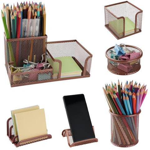 Uppmeant Desk Organizer for Office, 6 Pieces Mesh Desk Multi-functional Storage Set Office Supplies Accessories (Rose Gold)