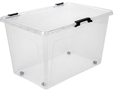 Aufbewahrungsbox 52L mit Deckel, Rollen und Clipverschluss 60x40xH35cm Kunststoffbox Stapelbox Spielzeugkiste Lager Regal Box transparent stapelbar Stapelboxen für Kleidung Spielzeug Deko Aufbewahrung
