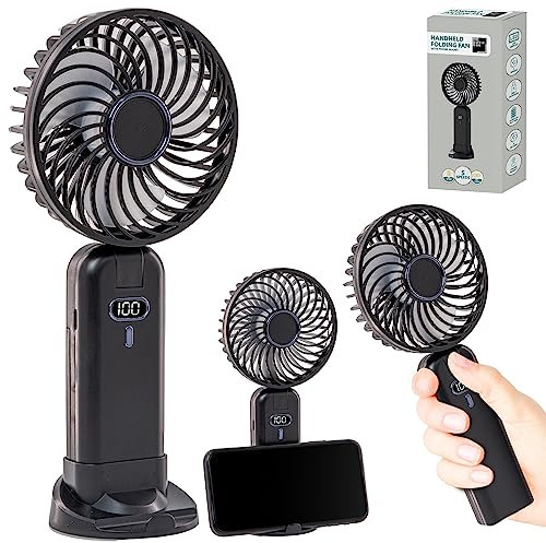 Supply Cube Foldable Handheld Fan with 3 Speed Settings – USB Rechargeable Portable Fan with LED Display & Mobile Phone Bracket – Perfect for Home, Office, Desk, Outdoors, and Travel Cooling - Black