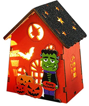 WOBBLO Decorazioni luminose di Halloween - Piccole case in legno con pipistrello, luci autunnali a batteria, accessorio festa di Halloween, decorazioni cortile esterno