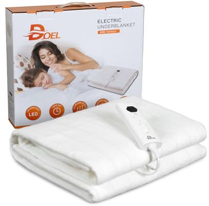 DOEL Electric Blanket Single 150x80cm, 66W Polyester Heated Underblanket with 10 Heating Levels, 3/12 Hours Auto-Off Timer and LED Display, Machine Washable, 220-230V, 50-60Hz, White