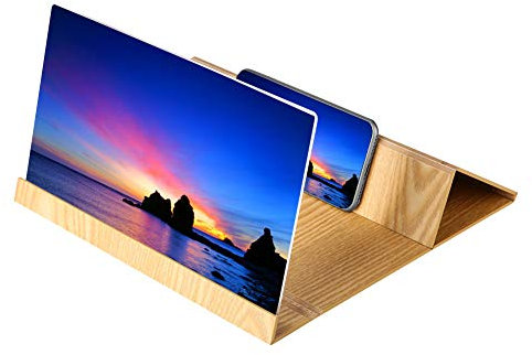 Dioche Amplificateur D'écran de Téléphone Mobile HD, Amplificateur D'écran de Téléphone Portable Haute Définition 12 Pouces avec Support en Grain de Bois Anti-Radiation (Or)