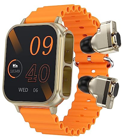Chillitech® Smart Watch With Earbuds 2 in 1 Large 1.96 inch HD Screen, Health Monitor, BT 5.0 Answer Calls, Control Music, Notifications, Multifunctional NFC, Touch TWS Earbuds (Blaze Orange)