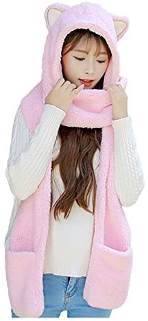 Schal Blau Damen, Knitted Elegant Stricken Loop Schal Kapuzenschal Warm Fleece Winter Cozy Wintermütze Handschuhe Cashmere Set Baumwolle Kaschmir Hut Mützen