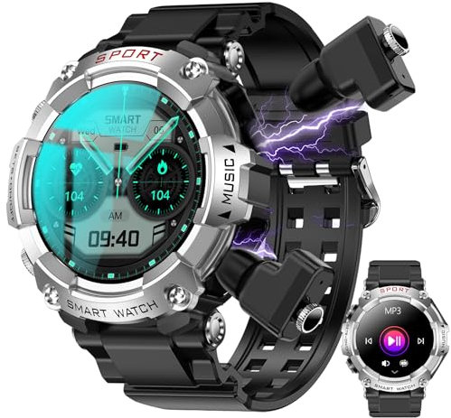 UYRGT Smartwatch with Earbuds for iOS Android, 3 in 1 Round Fitness Tracker,1.52 inch Full Touch Screen,Answer/Make Call,Recording,Sleep Monitor,Sports Long Time Standby,Music Player