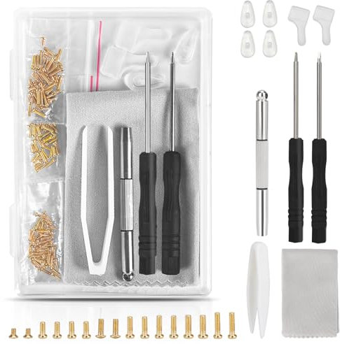 AccEncyc Gold Eyeglass Repair Tool Kit Eye Glass Repair Kit Eye Glasses Repairing Screwdriver Set with Eyeglass Screws, Nose Pads, Small Screwdriver, Tweezers for Glasses Sunglasses Watch Clock Repair