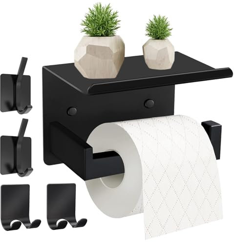 LEAUM Toilettenpapierhalter Edelstahl 5 Stück Set, Klopapierhalter Ohne Bohren mit Ablage, WC Papier Halterung mit 4 Klebehaken, Selbstklebend Klorollenhalter für Küche und Badzimmer
