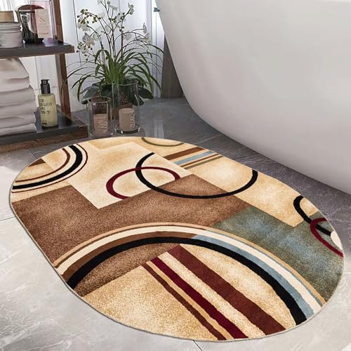 LONGSAO Modern Oval Teppich Groß Wohnzimmer Designer Teppich In-und Outdoor Teppich Kurzer Plüsch Teppiche Vintage Patchwork Geometrisch Gelb Braun,180 x 280 cm