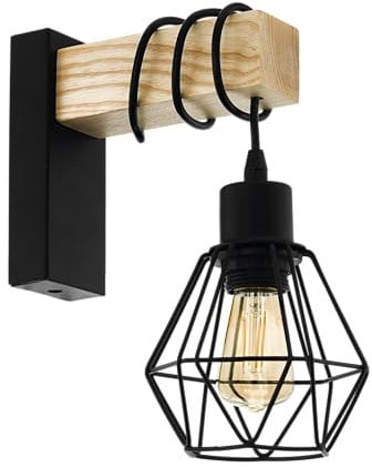 EGLO Wandlampe Townshend 5, Vintage Wandleuchte im Industrial Design, Retro Lampe aus Stahl und Holz, Farbe Schwarz, braun, Fassung E27, FSC zertifiziert