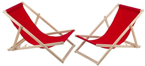 WOODOK 2-er Liegestuhl Set aus Buchenholz Strandstuhl Sonnenliege Gartenliege für Strand, Garten, Balkon und Terrasse Liege Klappbar bis 120kg (Rot)