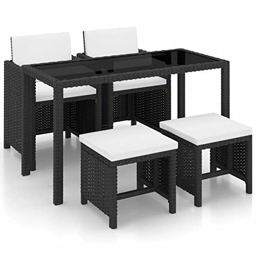 Rantry Garten-Set, 5-teilig und Kissen, Polyrattan, Schwarz und Weiß, 2 x Sessel + 2 x Fußstützen + Tisch