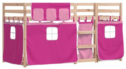 vidaXL Etagenbett, Kinderbett mit Vorhängen Leiter, Hochbett Spielbett für Kinder ab 6 Jahren, Doppel Stockbett Bett, Rosa 90x200cm Massivholz Kiefer