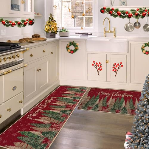 CAROMIO Weihnachtsbaum Küchenmatte, 2er-Set rutschfeste Dicke Küchenteppiche und Matten für Boden Bequeme Stehmatten für Küche Waschbecken Büro Wäsche, 40x60 + 40x120 cm