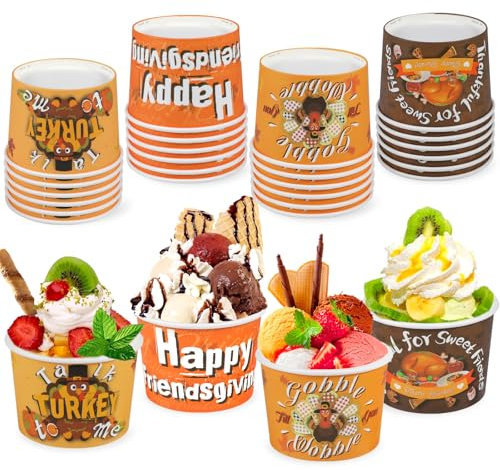 HOWAF 24pcs Friendsgiving Party Treat Snack Cups, Turkey Day Party Disposable Paper Cup Dessert Ice Cream Bowls for Thanksgiving Party Supplies, Friends Thanksgiving Day Ice Cream Cups
