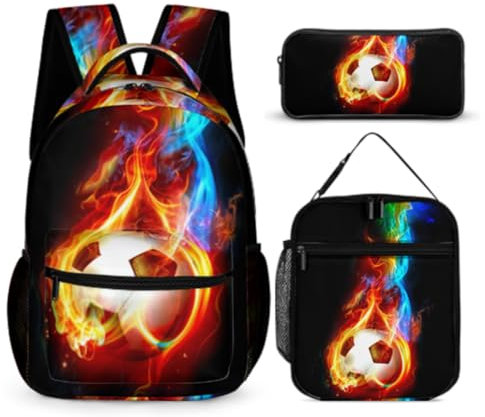 Fußball-Schulranzen, 3 In 1 Schulranzen-Set Für Jungen Mädchen Mit Lunchbag, Federmappe Jungen Rucksack, Fußball 3D Gedruckt Kinder Rucksack, Grundschule Sekundarstufe (Red)