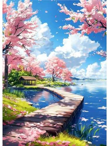 AIRDEA Seelandschaft Diamond Painting Erwachsene, DIY 5D Kirschbaum Diamant Painting Bilder, Bastelset Erwachsene Frauen als Haus Wanddeko 30x40 cm