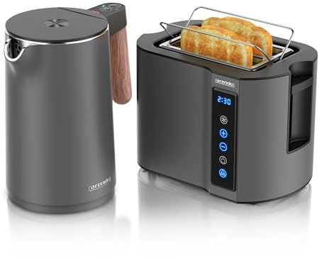 Arendo - Wasserkocher Toaster SET - Edelstahl - Wasserkocher mit Temrpatureinstellung - 45-100 Grad - Warmhaltefunktion - Toaster 2 Scheiben mit Touch Display - mit Brötchaufsatz - Cool Grey Design